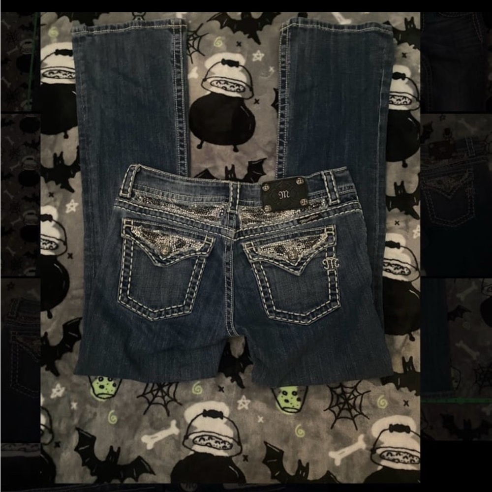 Miss Me Blue Jeans with White and Black Bedazzled Pockets 28W 33L